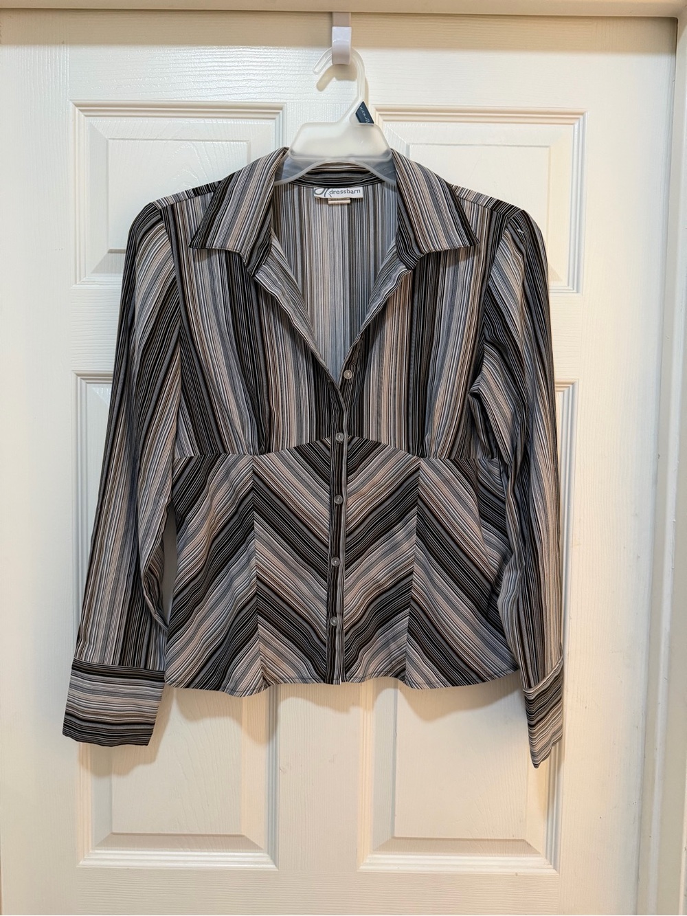 dressbarn Striped Button-Front Collared Top in Gray and Black
